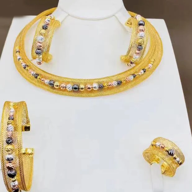 Statement Elegant Hollow Jewelry Set with Four Colorful Beads Fashion Necklace Bracelet Earrings Ring 4PC Jewellery for Party