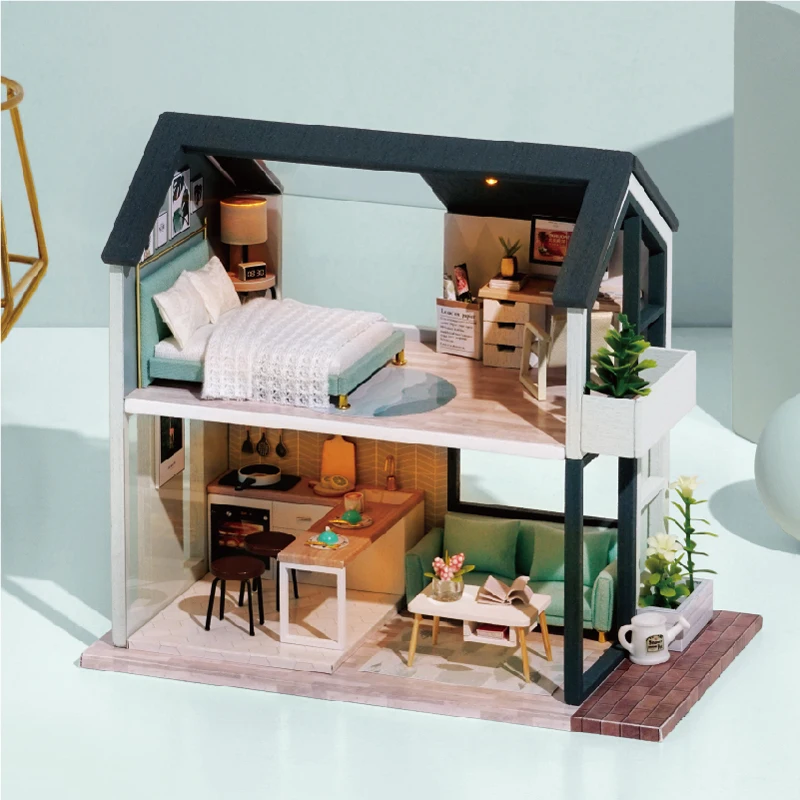 

DIY Miniature Dollhouse Loft Roombox Wooden Doll House Building Kits Villa Model Toy with Furniture LED Light for Birthday Gifts