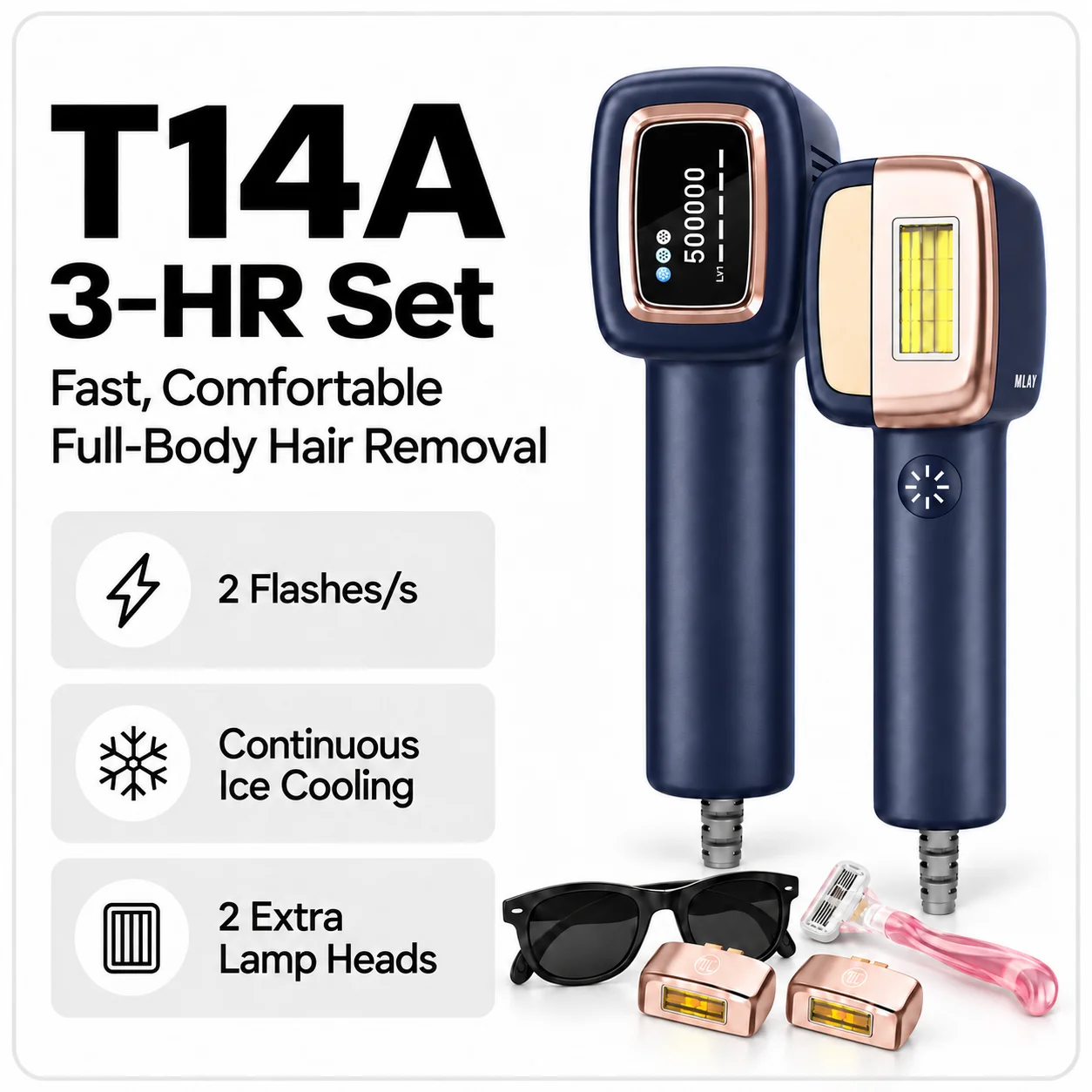 MLAY IPL Home Hair Removal Device,Removable Lamp Head,3 Replaceable Heads for Different Body Areas,1500000 Flashes,for Women&Men