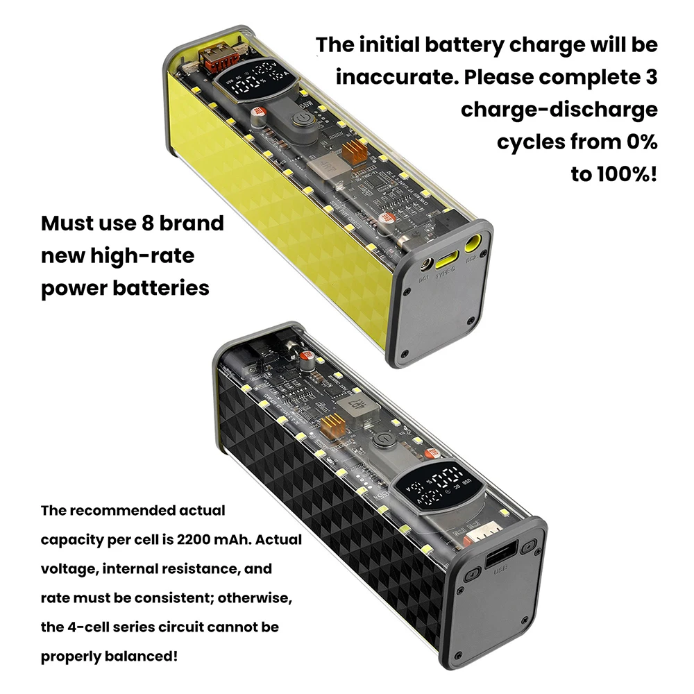 8*18650 DIY Power Bank Case PD 65W Powerbank Case 18650 LED Screen Transparent Battery Storage Shell Welding Free Battery Holde