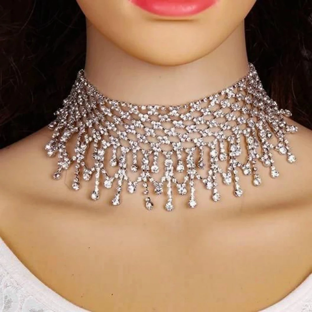 Crystal Rhinestone Tassel Choker Necklace for Women Luxury Neck Tassel New Statement Accessories Crystal Neckalces Party Jewelry