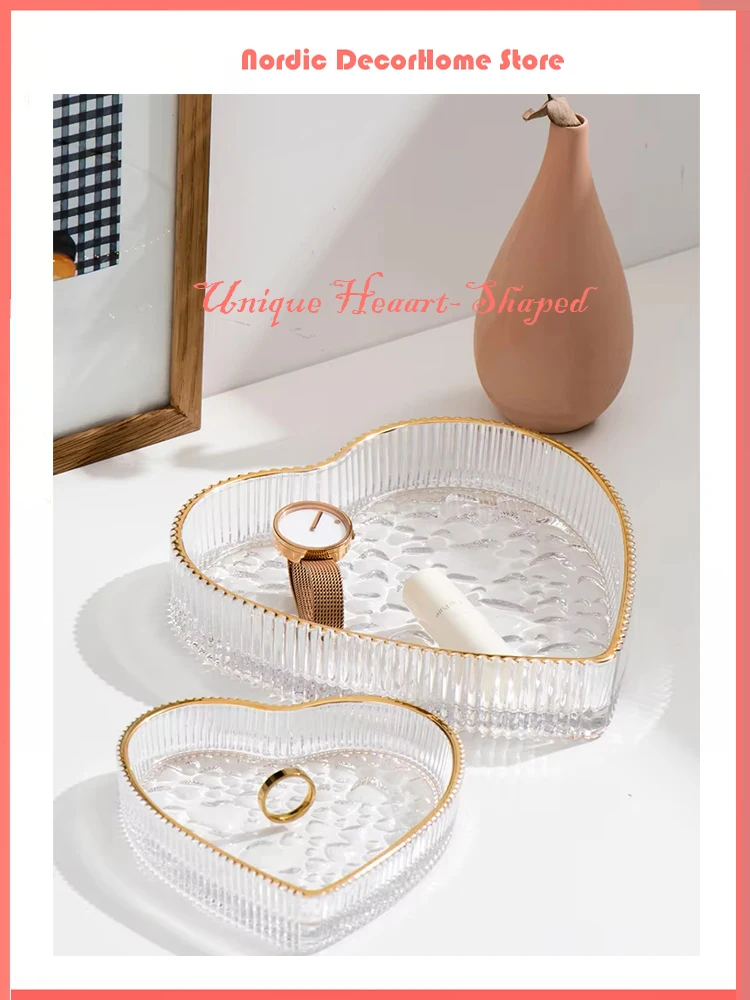 

Nordic Bathroom Accessories Organizer Luxury Glass Jewelry Plate Trinket Ring Dish Gold Inlay Lipstick Holder Heart Perfume Tray