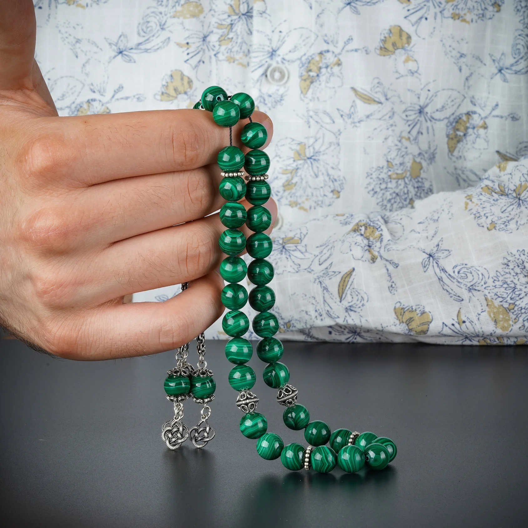 Malachite Stone Rosary with Silver Tassel