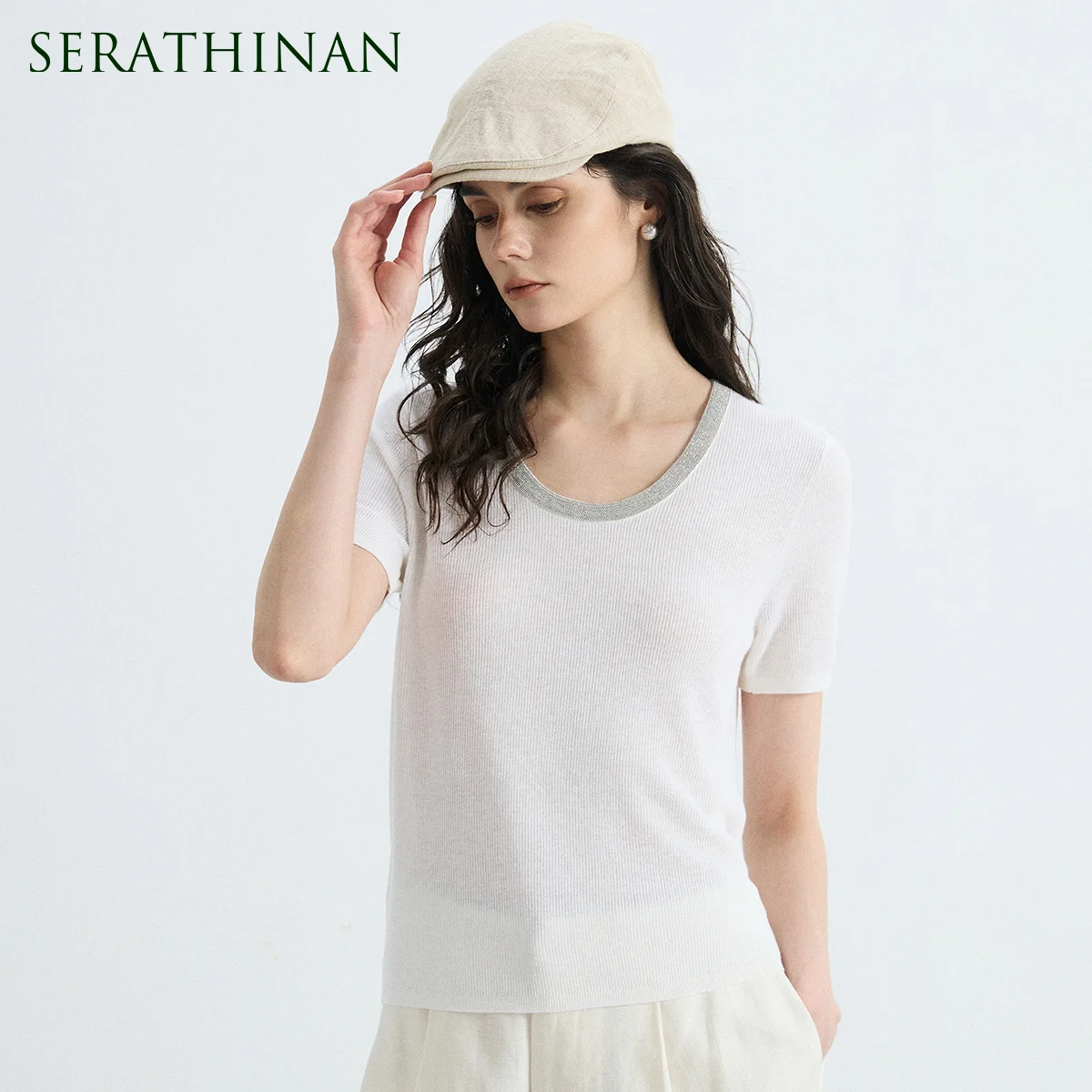 

BD3611566 Designer Linen Silk Knit Pullover Elegant Crew Neck Chain Short Sleeve Sweater Women's Slim Fit Luxury Tops