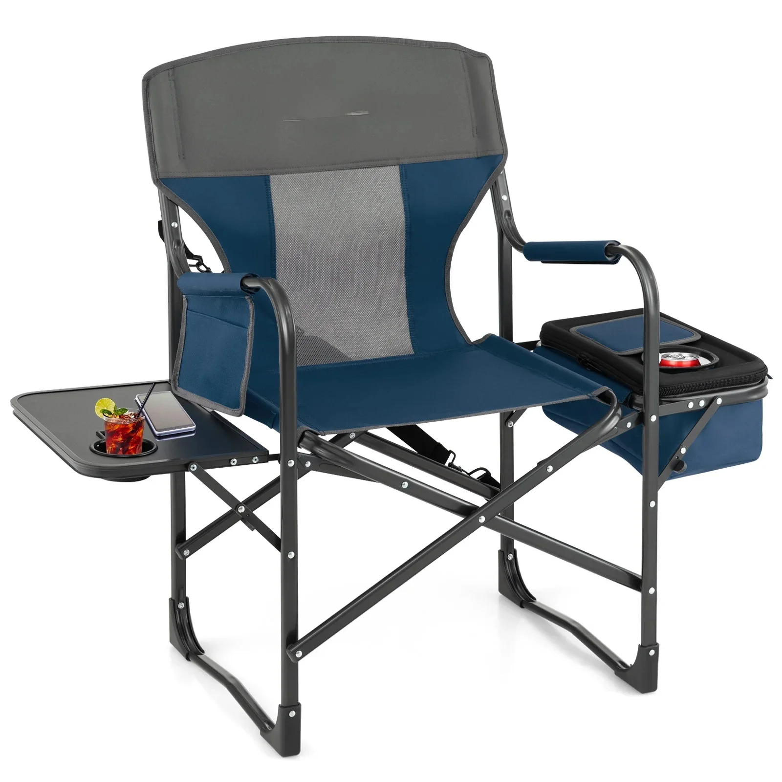 Chaise de Camping Pliante avec Table Latérale et Sac Isotherme Charge 180KG, Chaise de Réalisateur avec Sac de Rangement et Sangle Portable pour Pêche Barbecue Pique-Nique, Bleu