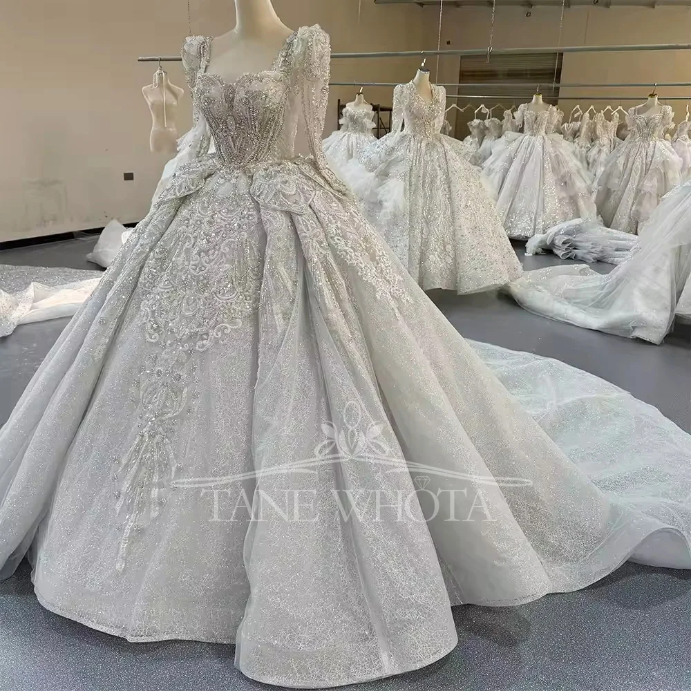 Brautkleid Hochzeit 長袖恋人光沢のあるグリッターのウェディングドレスビーズクリスタルボールガウンレースロングブライダルドレス