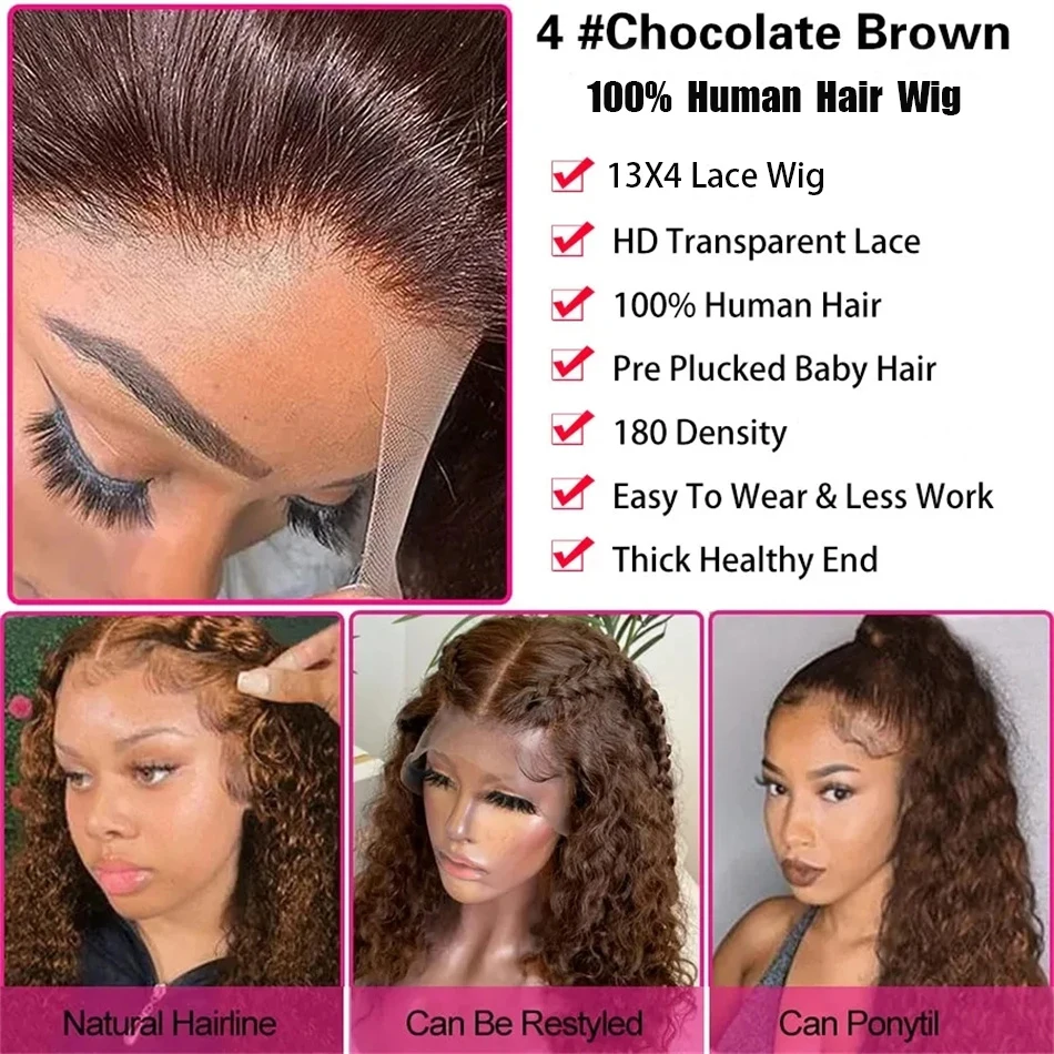13x4 parrucca anteriore in pizzo marrone cioccolato HD 180% parrucca frontale a onde profonde parrucche per capelli umani ricci marroni colorate prepizzicate per le donne