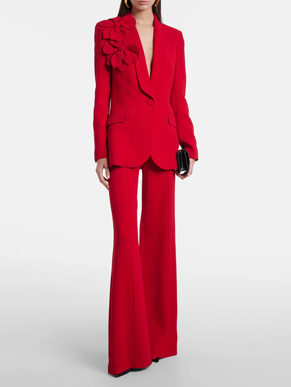 Modphy Women's Suits Solid Fashion 3D Flowers Single Breasted Blazer 2 Piece Jacket Pants Outfits Female Formal Pantsuit Set