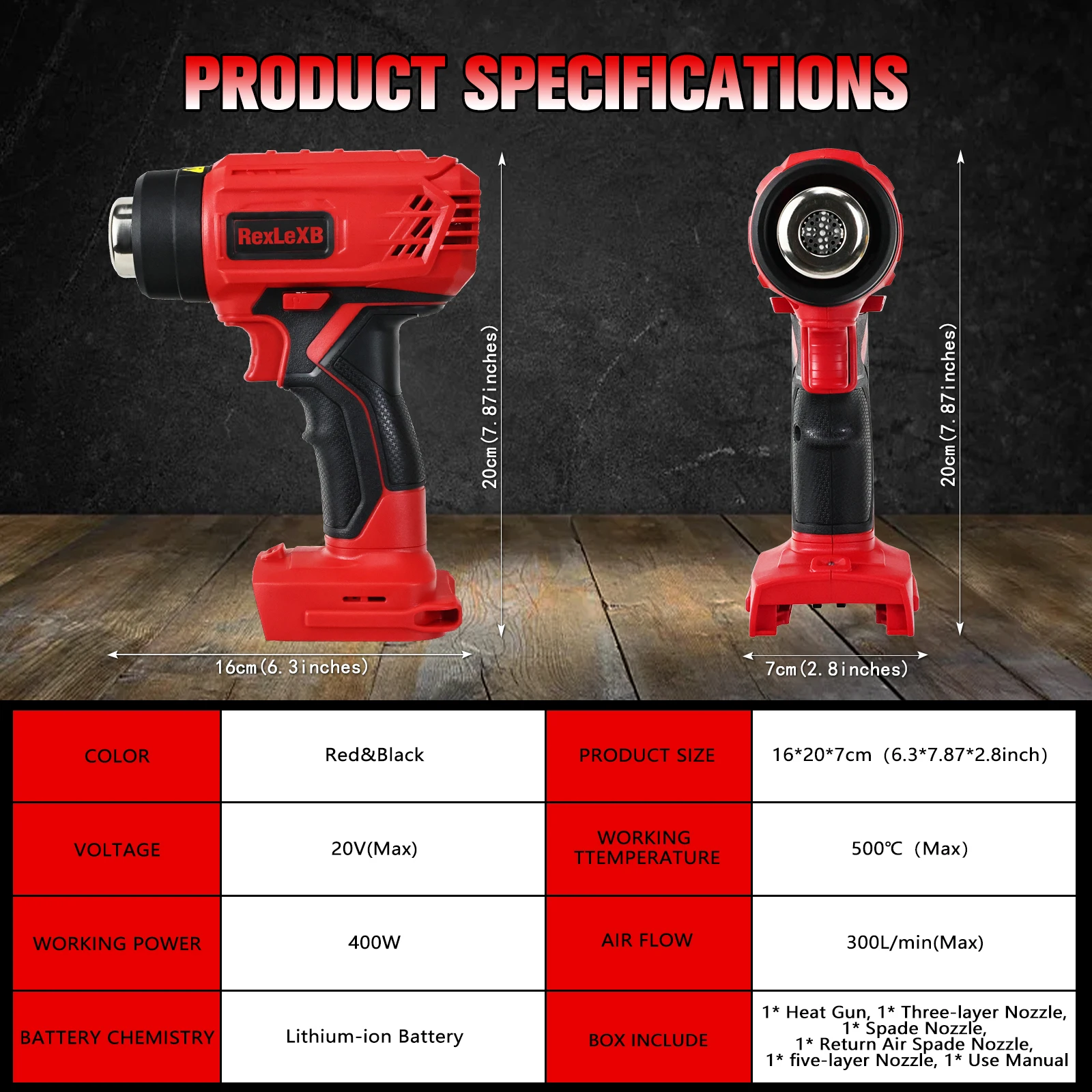 400W Cordless Heat Gun for Milwaukee 18V Battery 500°C Electric Hot Air Gun with 4 Nozzles for Crafts Shrinking PVC (No Battery)