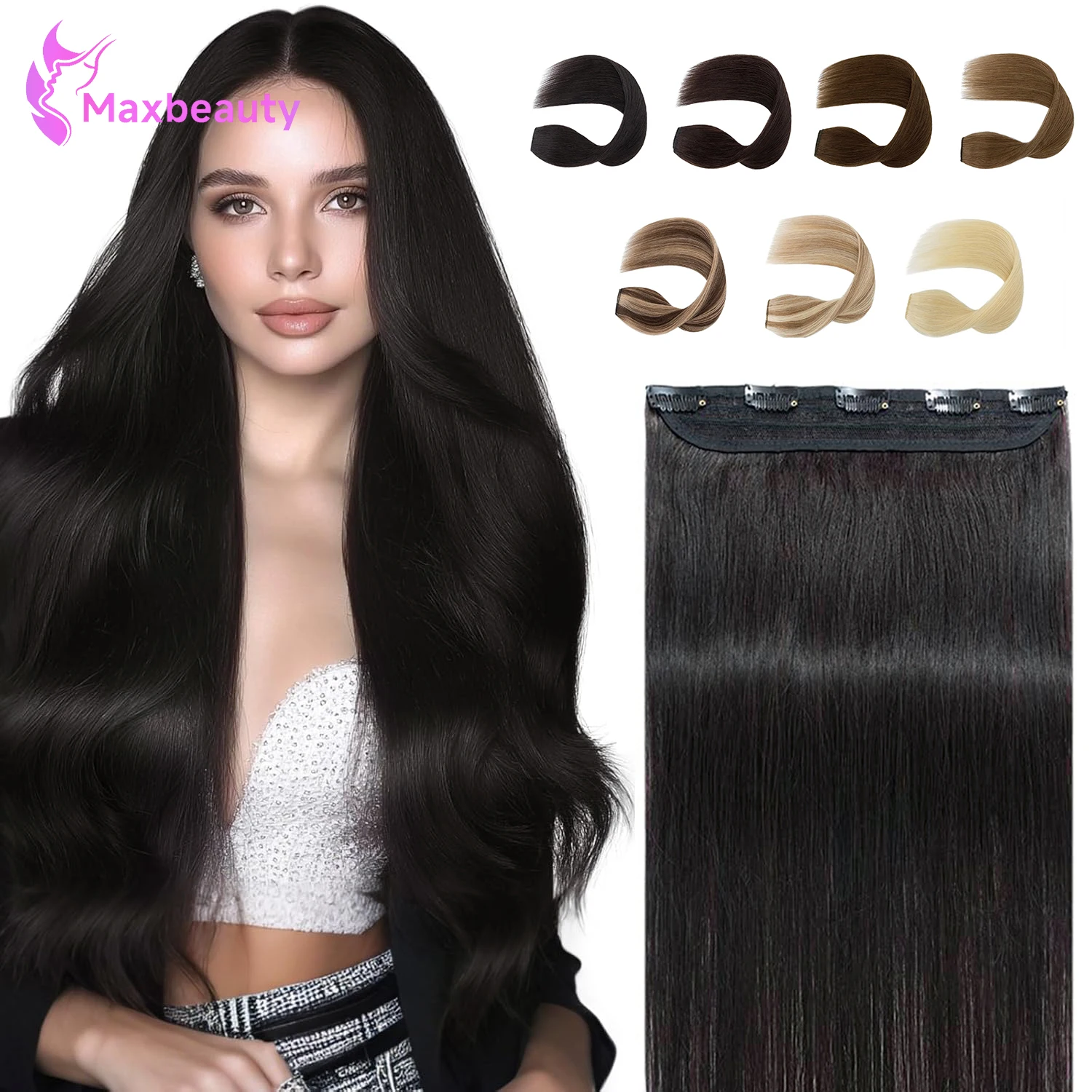 

5 Clips One Piece Clip In Hair Extensions Real Human Hair Natural Black 3/4 Full Head Hair Extensions Clip Ins Long Straight