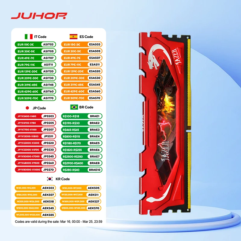 

JAZER DDR4 Ram 16GB 8GB 3200MHz PC4 Desktop Gaming Memory Support Motherboard DDR4 Memory