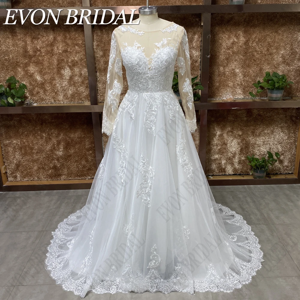 EVON BRIDAL Suknie ślubne z długim rękawem dla kobiet Boho A-Line vestidos de novia cywilne koronkowe tiulowe suknie panny młodej wykonane na zamówienie iluzja aplikacje guziki z tyłu suknia ślubna szyk prawdziwe zdjęc