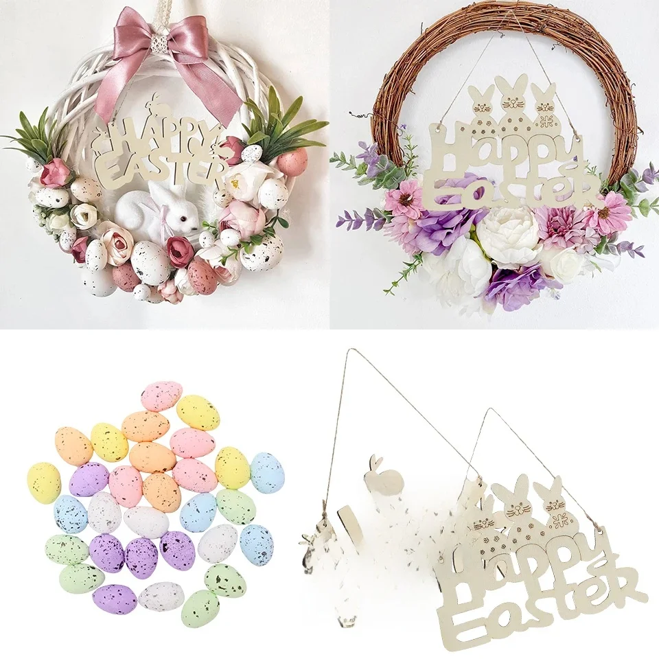 Couronne René de Pâques en rotin bricolage, mousse de Pâques, pendentif en bois de Joyeuses Pâques, lapin coloré, ballon en bois, décor de fête pour enfants