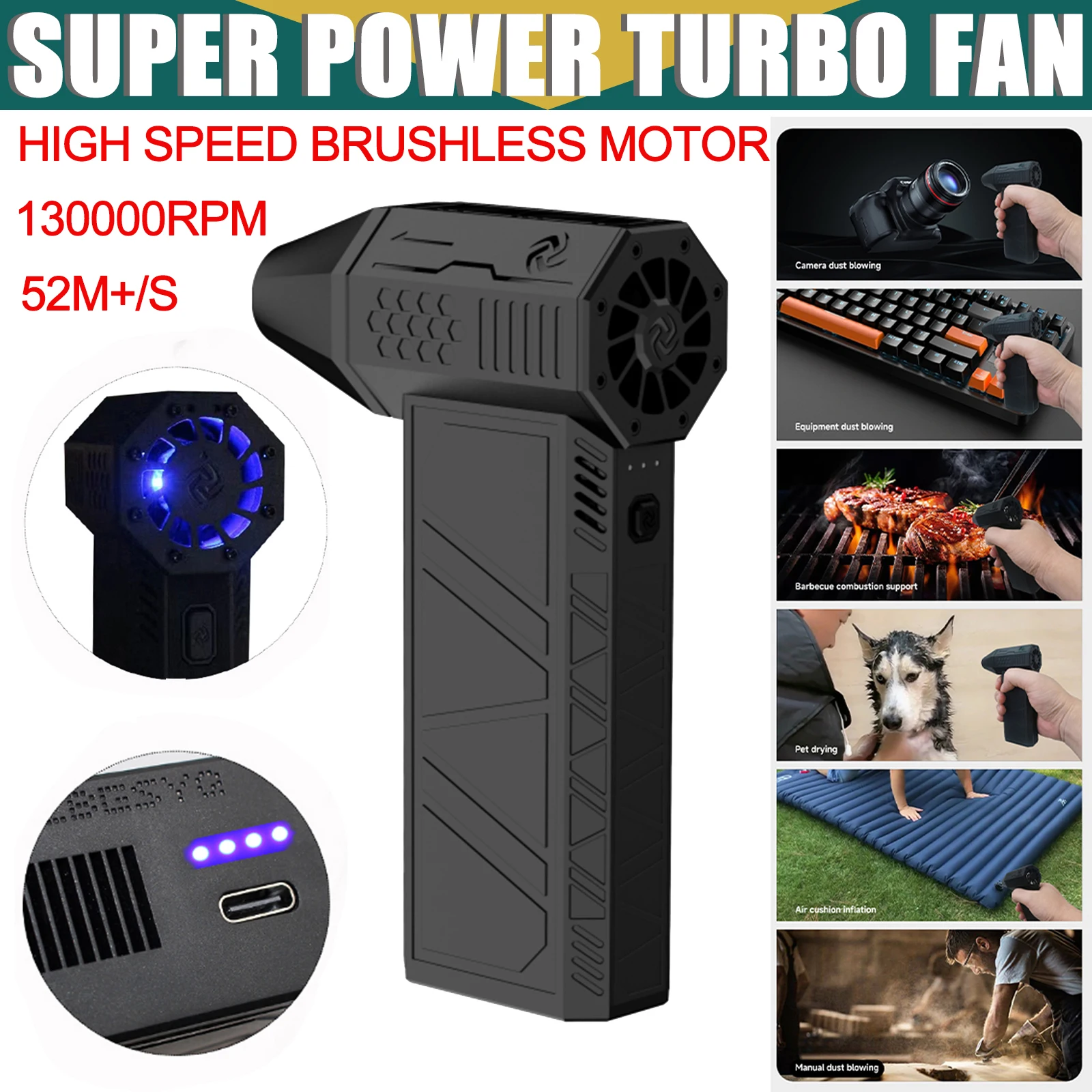 Rechargeable 52+M/S 130000 RPM Turbo Blower Jet Handheld Fan Violent Turbofan Brushless Motor For Blow Dry Car's Water Snow