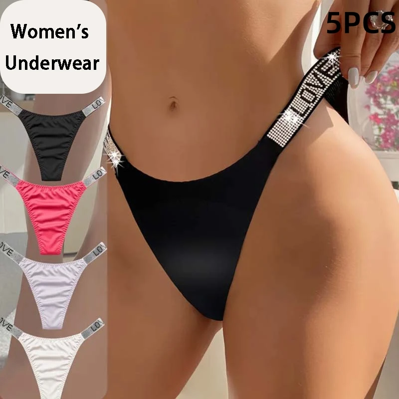 5PCS Low Waist Sexy Women Thongs Panties Rhinestones letter Diamonds G String Sports Thong Shorts Briefs T-back Fitness S-XL