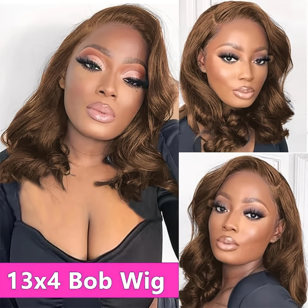 

Chocolate Brown Body Wave 13x4 Short Bob Human Hair Wigs Transparent Lace Loose Wave Brown Bob Wig 250% Density with Baby Hair