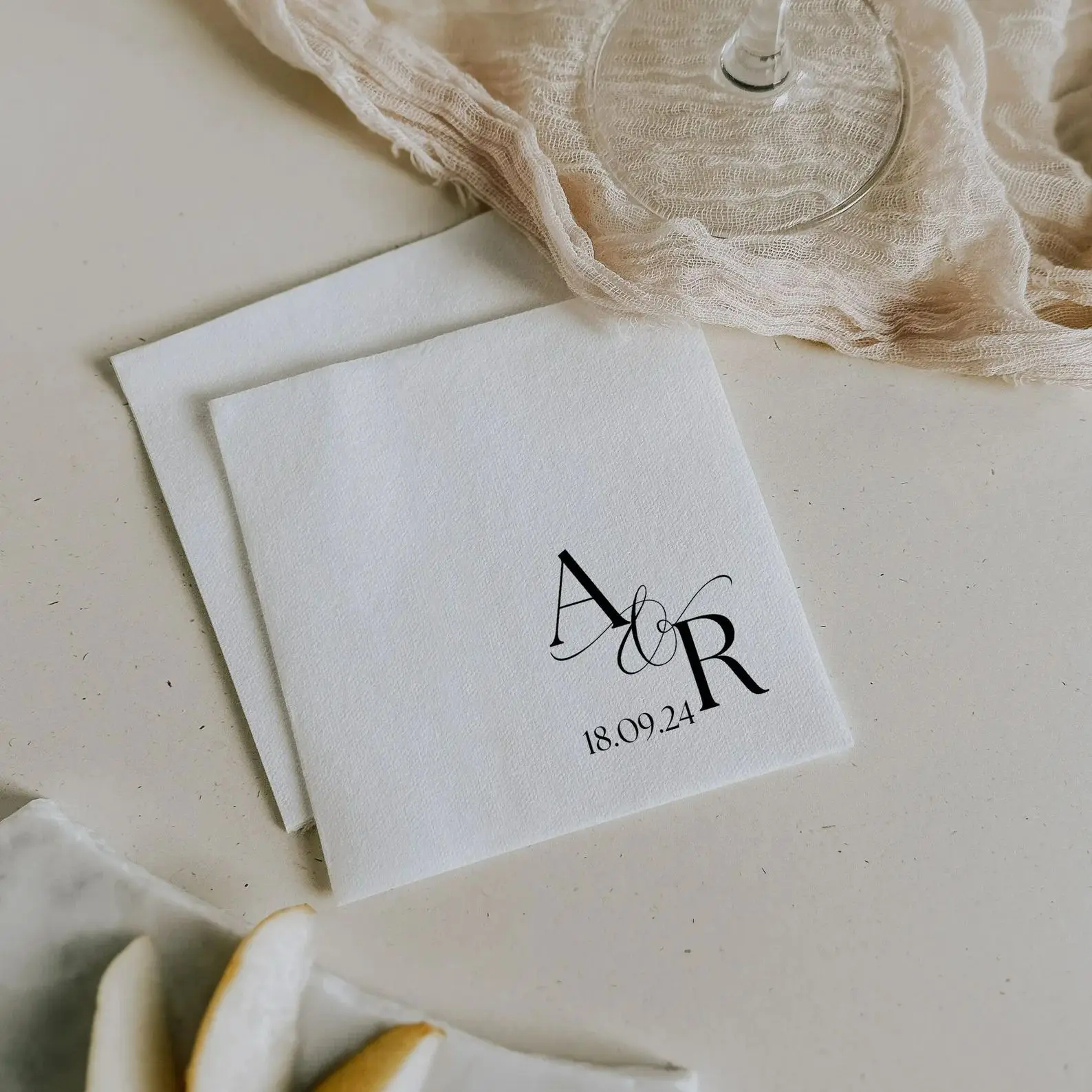 

50pcs Custom Modern Monogram Printed Wedding Napkins | Simple Black and White Initial Cocktail Napkins for Wedding Reception