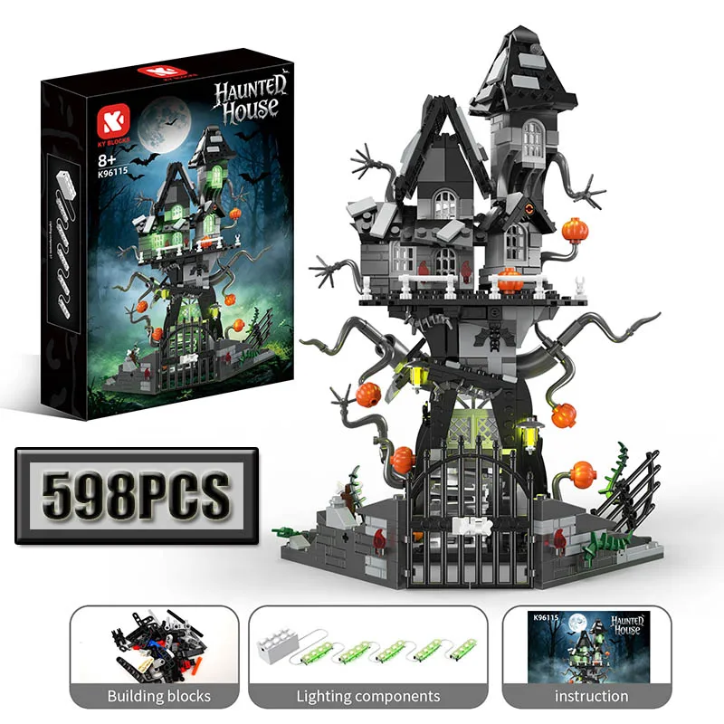 MOC 598PCS Halloween Nightmareal Castle Building Blocks Ghost Skeletion Pumpkin Hut Model Bricks Toys Ornament DIY Gifts Boys view 3