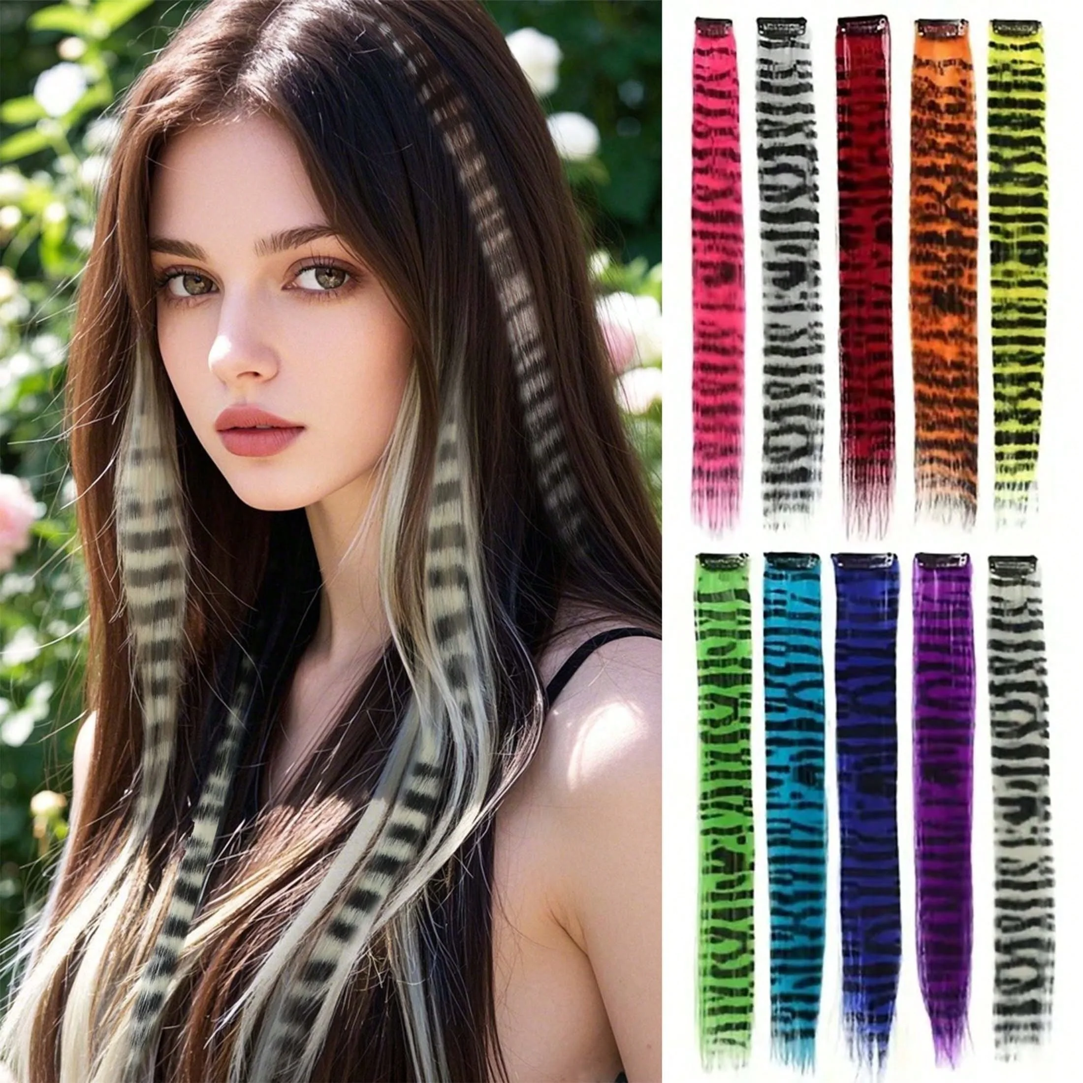 1pc/2pcs/3pcs/4pcs/6pcs/8pcs18" Long Straight Zebra Print Synthetic Feather clip in Hair Extensions , Ideal Halloween Christmas