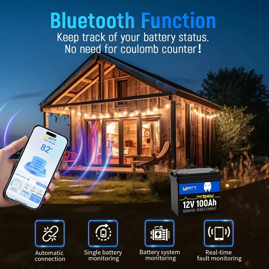 بطارية Wattcycle LiFePO4 بقدرة 12 فولت 100 أمبير في الساعة تعمل بتقنية البلوتوث في الوقت الحقيقي تضمن الاستخدام الآمن والمثالي للتخييم/الصيد في الهواء الطلق، إلخ