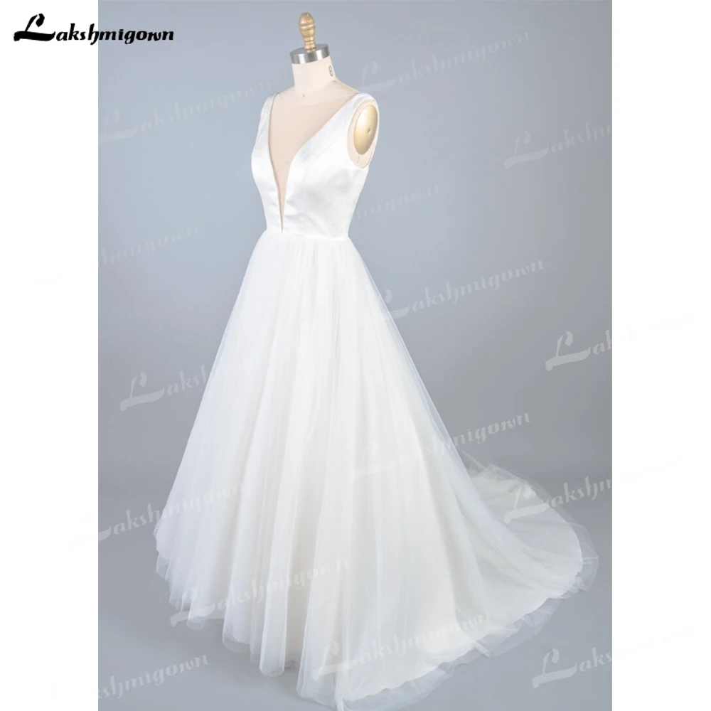 Vestido de casamento de cetim simples mergulhando v pescoço tule vestido de baile vestido seco limpo só longo a linha hochzeitskleid