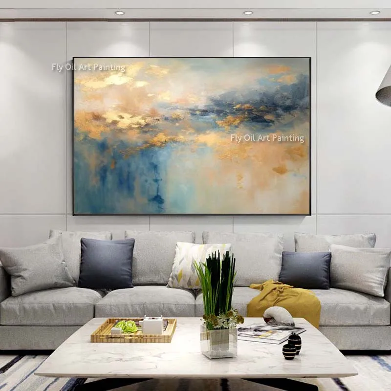 Unique Gold Leaf Abstract Oil Painting With Blue Original Blue Gold Textured Canvas Wall Art Modern Gold Foil Wall Art Decor