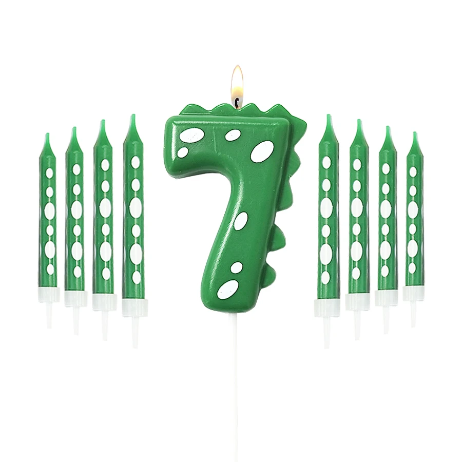 Grüne Dinosaurier-Zahlen 0–9 + 8 Stück grüne Kerzen „Happy Birthday“-Kuchenkerze für Kinder, Prinz, Party, Cartoon-Dinosaurier-Dekoration – Detail 8