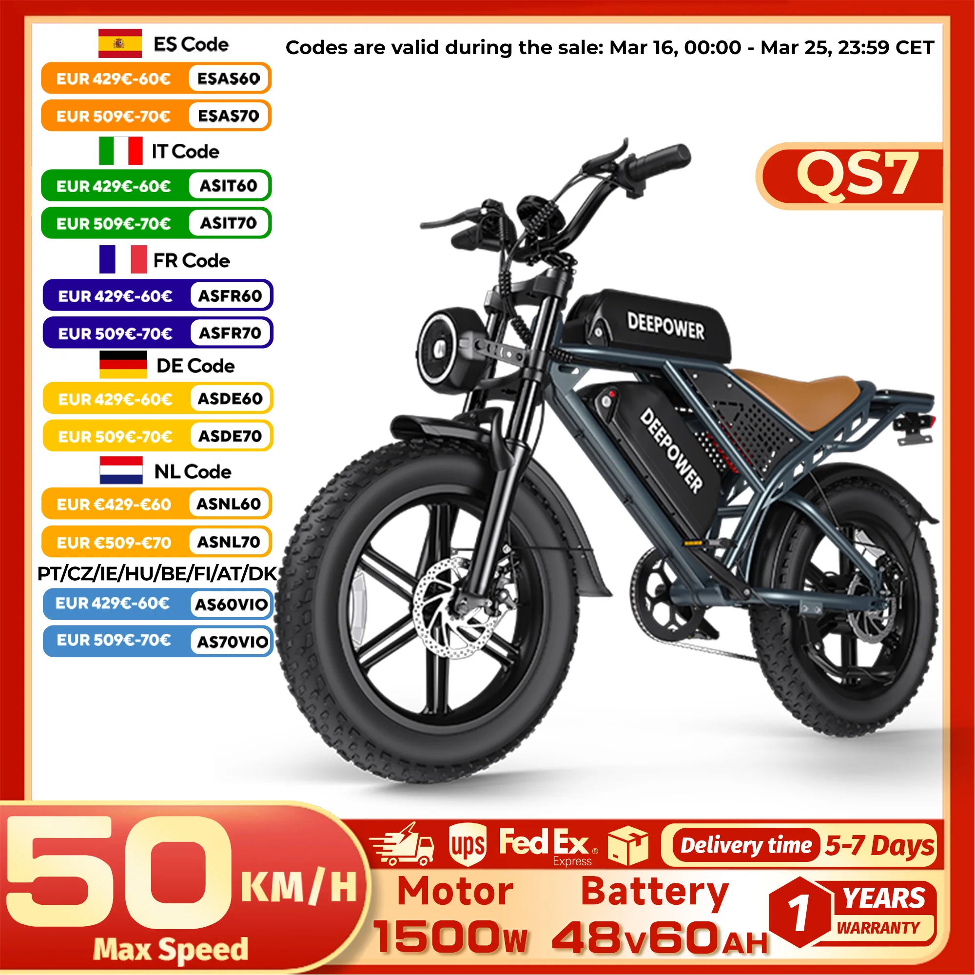 DEEPOWER QS7 Off-Road Electric Bike for 1500W Motor 48V 60AH LG Battery with Adults Mountain Ebike All-Terrain Motorcycle