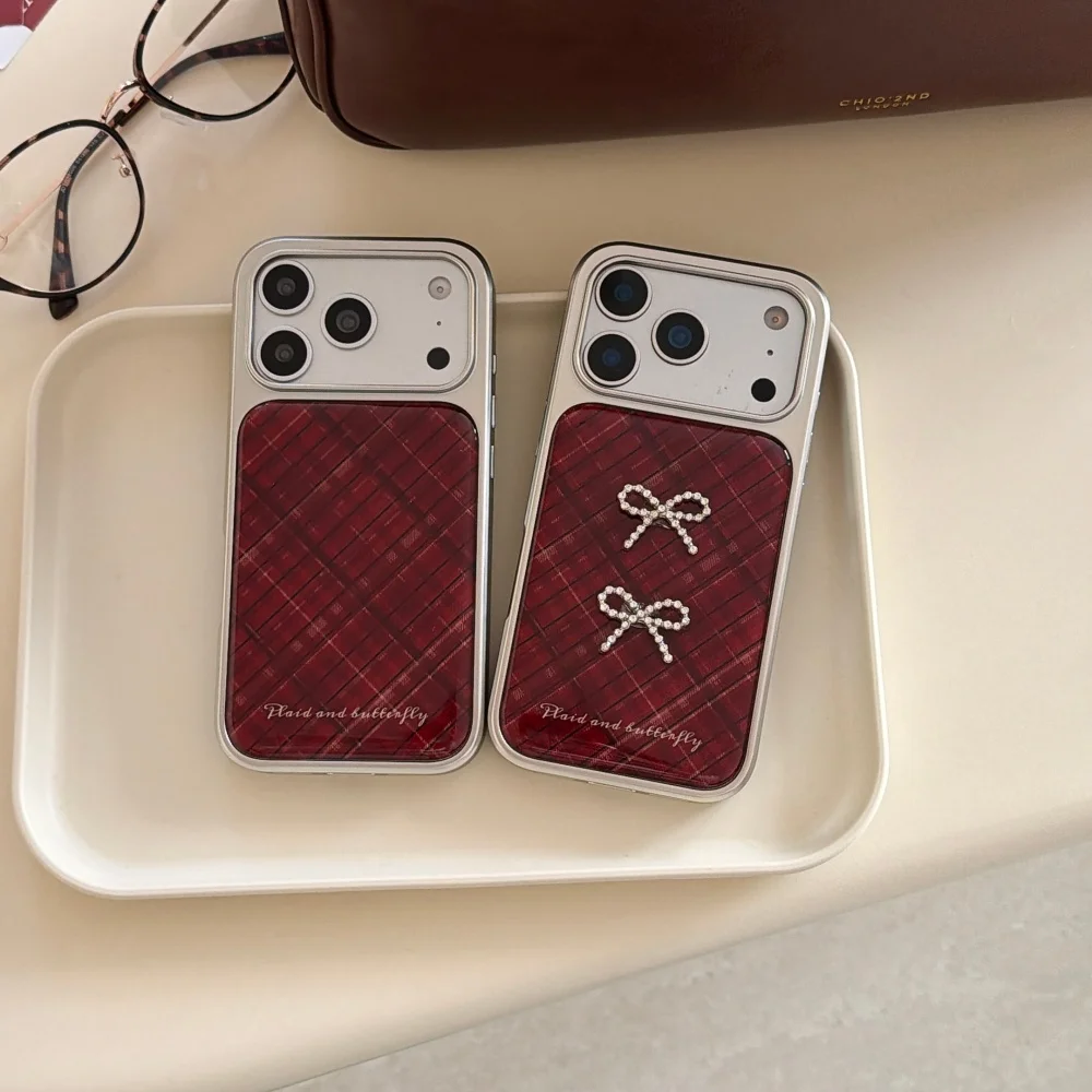 

Korean INS luxury plaid 3D bow phone case for 17 16 ProMax 14 15 Pro Fundas fashion practical new shock-proof protective cover