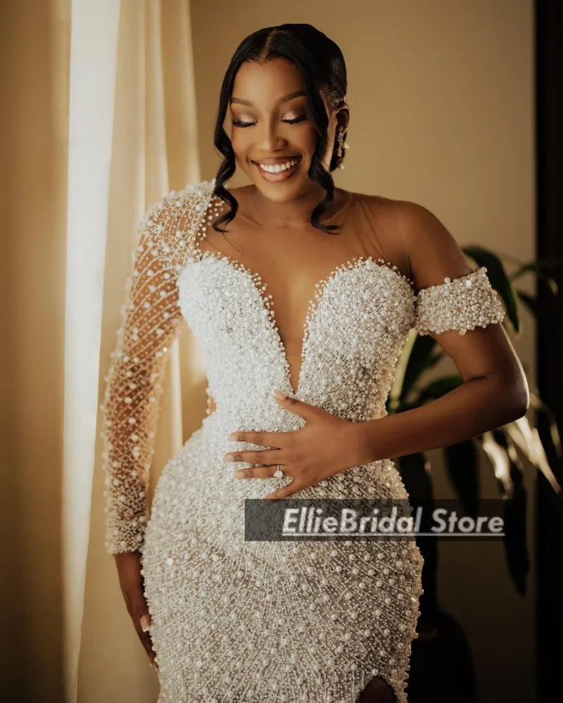 Abiti da sposa di perle di lusso con strascico staccabile Collo trasparente Maniche lunghe Abiti da sposa a sirena vestito sposa 2 in 1 Personalizzato