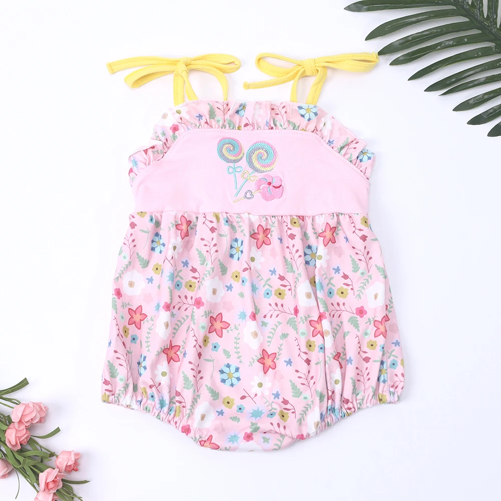 

Babi Infant 0-3T Jumpsuit Baby Girl Clothes Lollipop Embroidery Bubble Toddler Floral Romper Sleeve Pink Bodysuit Newborn Outfit