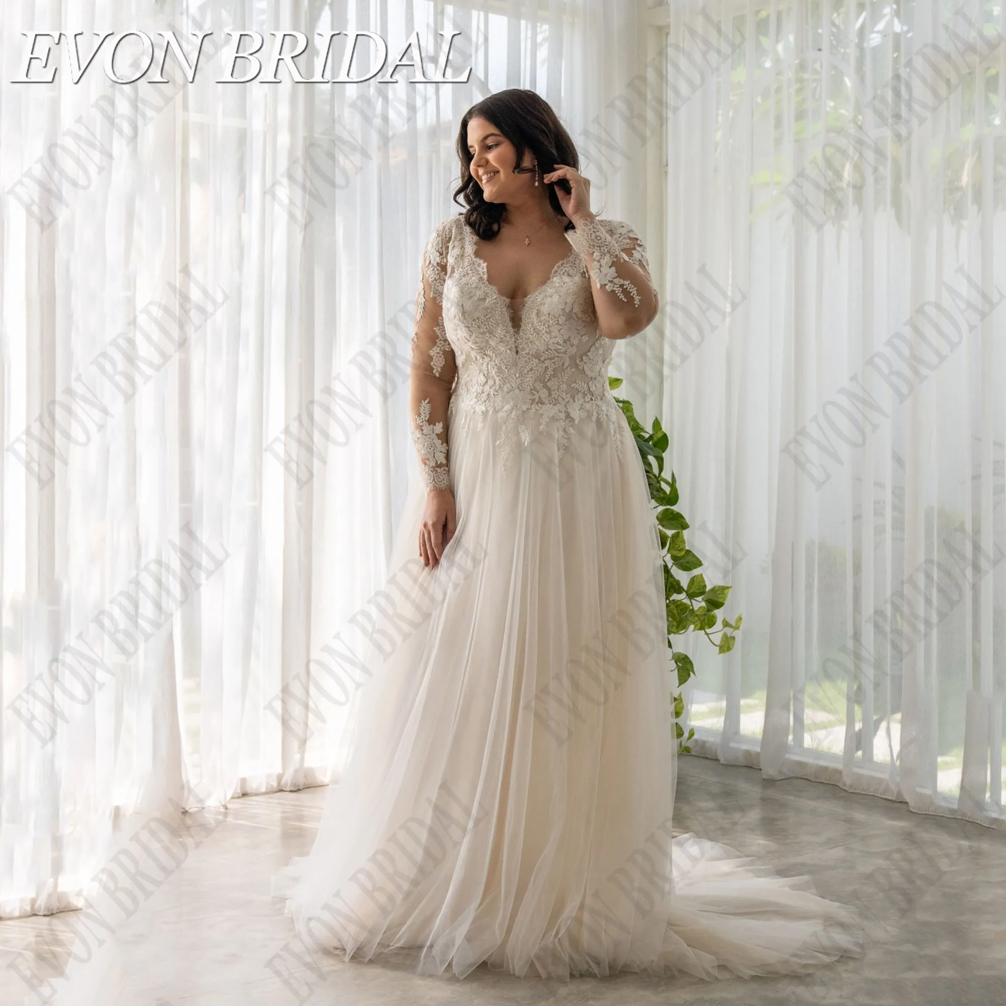 

EVON BRIDAL Plus Size Lace Wedding Dress Long Sleeves V-Neck A-Line Bride Gowns For Woman Applique Tulle Vestido De Noiva