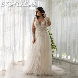 EVON BRIDAL Plus Size Lace Wedding Dress Long Sleeves V-Neck A-Line Bride Gowns For Woman Applique Tulle Vestido De Noiva