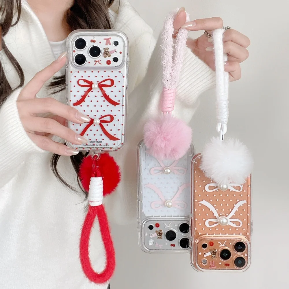 

Sweet cute pearl polka dot bow phone case for iPhone 17 16 ProMax 16 15 Pro fundas Korean INS simple shockproof protective cover
