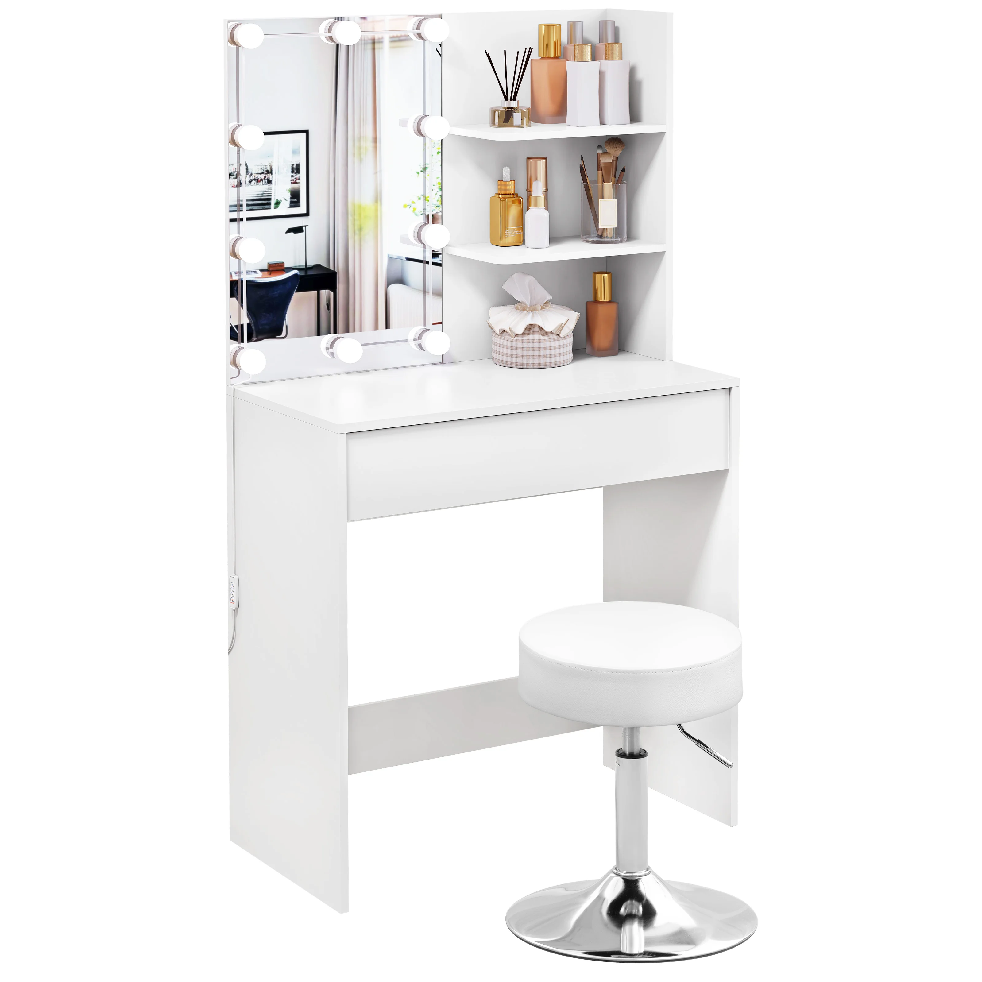 White Hollywood Dressing Table with Height-Adjustable Rotatable Makeup Stool Lighting Mirror Cosmetic Table for Bedroom