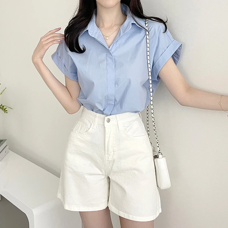 Korean Style Ba Simple Southern Blouses with Ba-still-hard Button Cara Half-sleeved Shirt