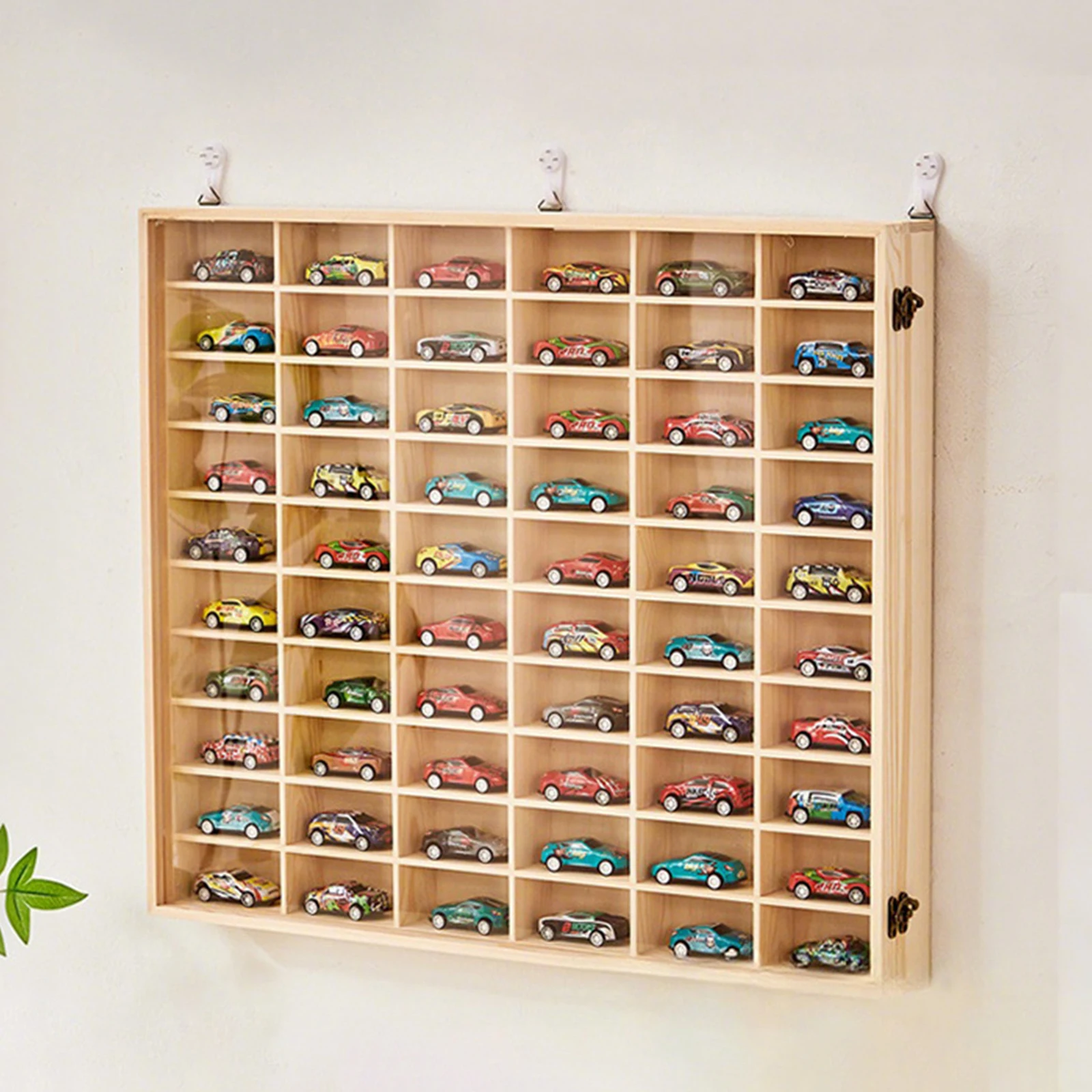Wooden Toy Car Display Case Wall Mounted Multifunctional Wood Organizer Model Car Storage Rack 60 Grid With Dustproof Door image 3