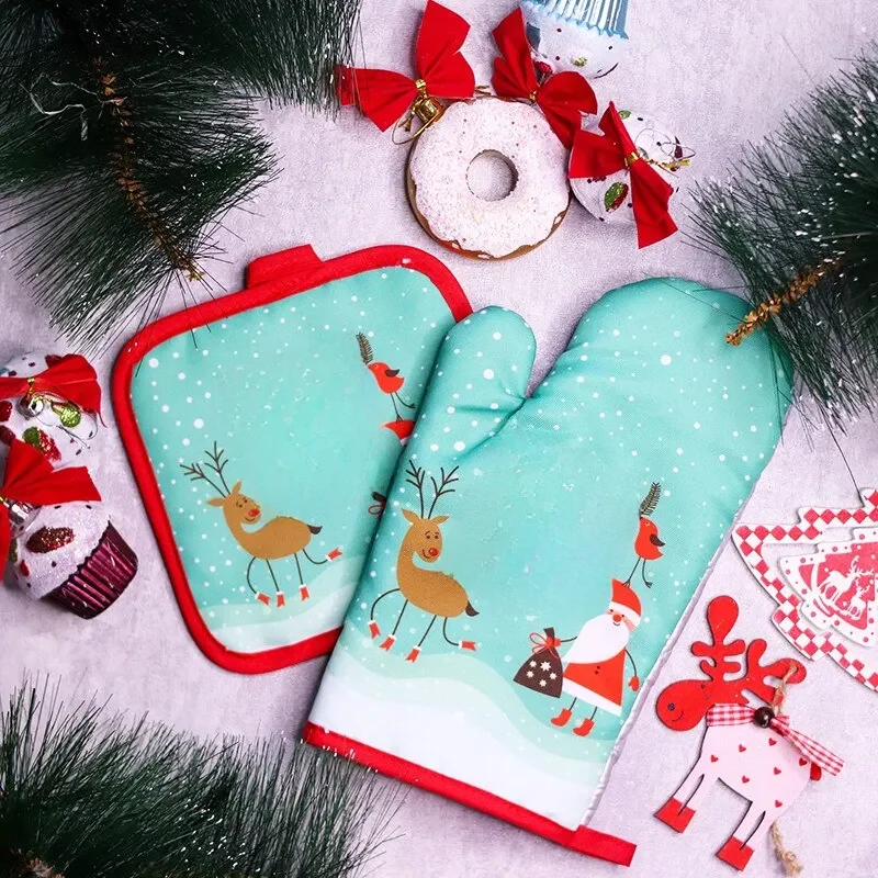 2pcs/set Christmas Oven Mitts and Pot Holders Set Baking Anti-Hot Gloves Kitchen Cooking BBQ Gloves New Year Xmas Party Supplies