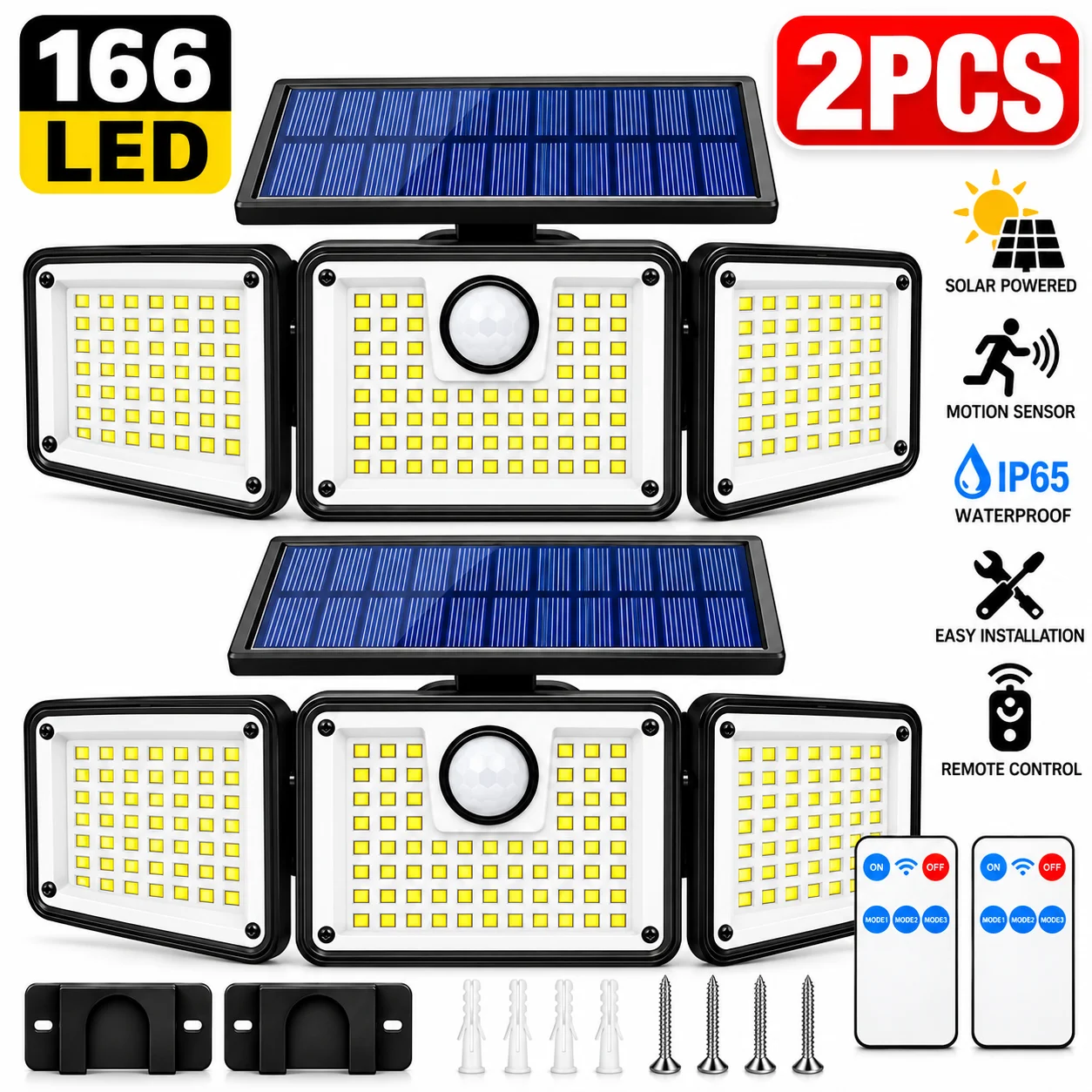 2PCS 166 LED Solar Motion Sensor Lights Outdoor with Remote Control, 3-Head 270° Wide Angle Security Wall Lights, 3 Lighting Modes, IP65 Waterproof for Garage, Yard, Porch, Patio & Garden