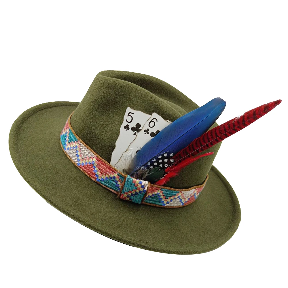 Jazz wool hat Panama hat European and American style hat Poker feather decorated wool wide brim hat party hat chapeau femme