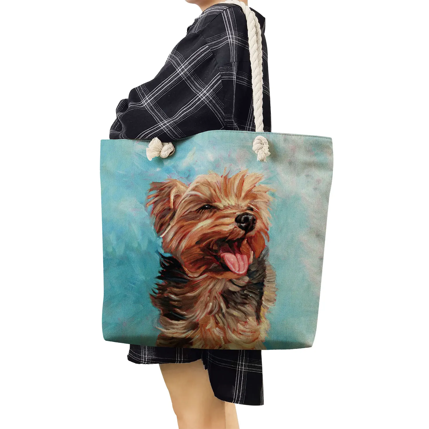 Casual Oil Painting Dog Print Shopping Bags for Groceries Papillon Pug Retriever Print Women Handbag Shoulder Large Capacity