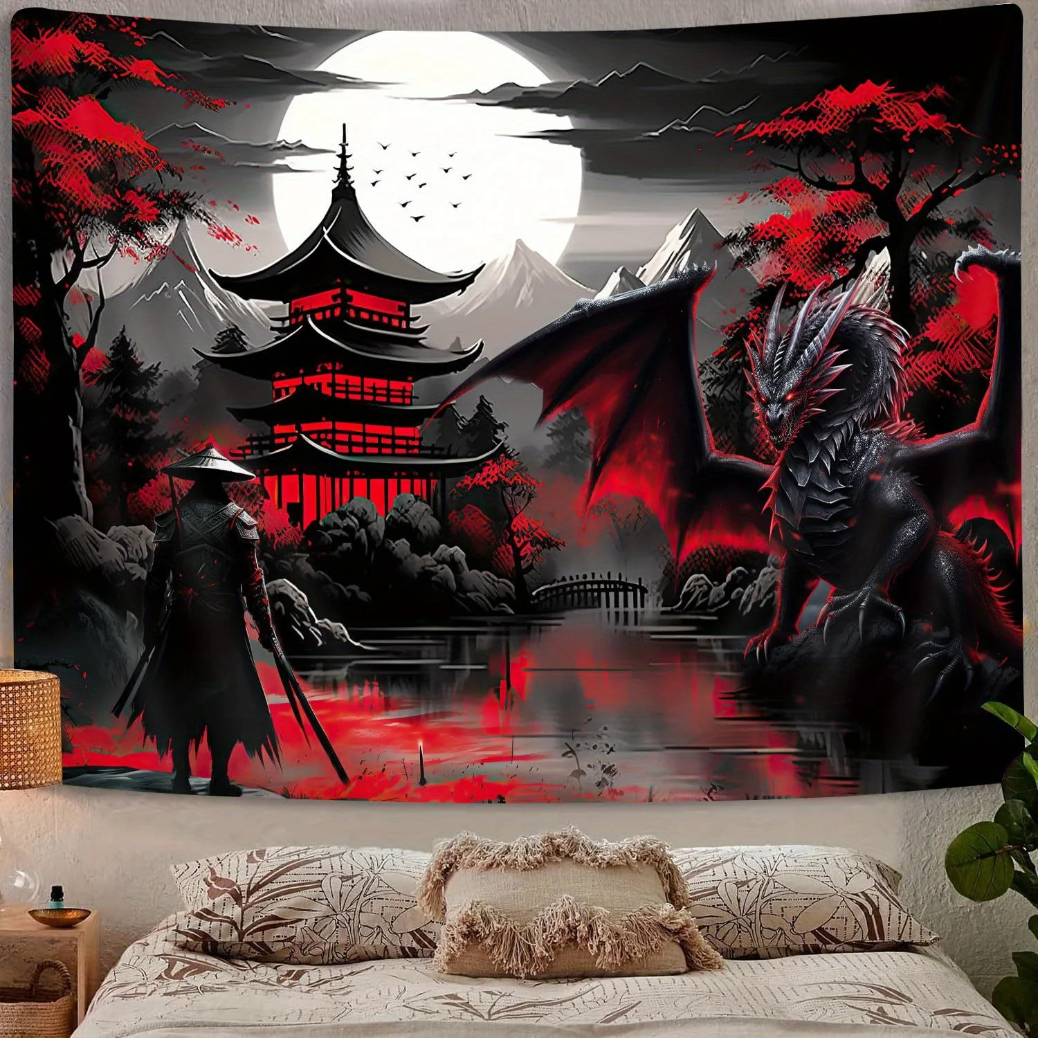 Japanese Anime Samurai & Dragon Tapestry, Red & Black Medieval Fantasy Wall Hanging, Sunset Mountain Landscape Tapestry