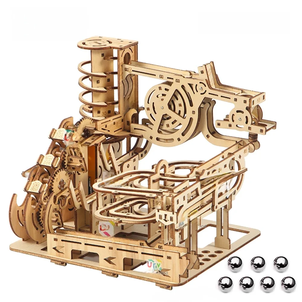 Ury 3D Holzpuzzle Elektrische Katapultbahn Murmelbahn-Set Mechanisches Modell Wissenschafts-Labyrinth 7 Kugeln Montage-Geschenk