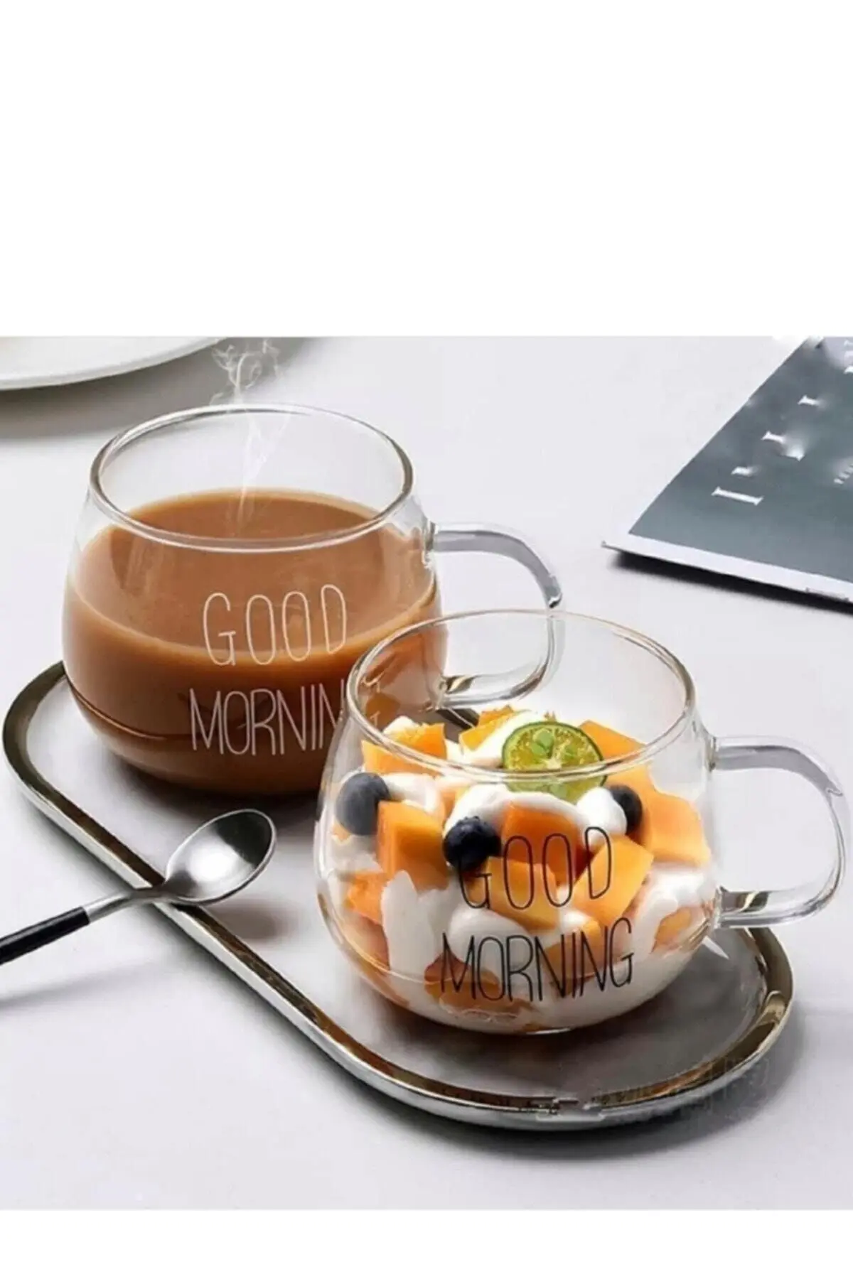 ホウケイ酸ガラスマグ,優れた顔の朝,400 ml,高品質のハンドル,夜のための迅速な発送,2個