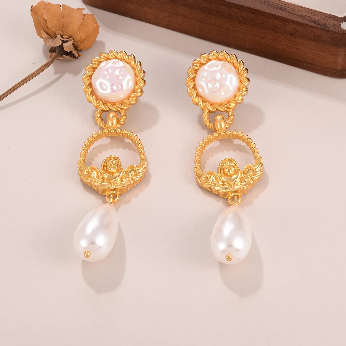 

Vintage Gold Plated Baroque Pearl Drop Earrings for Women, Elegant French Style Long Dangle Earrings, Wedding Party Jewelry Gift