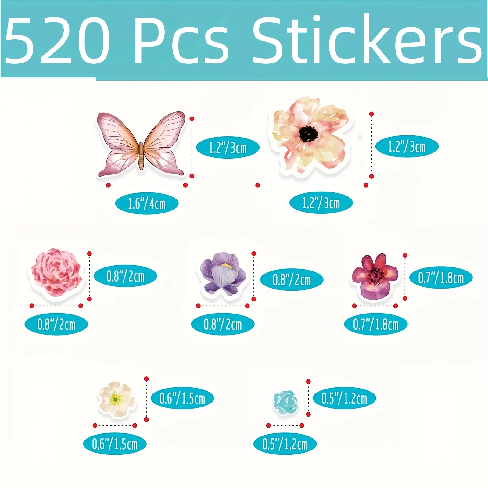 520 szt. Naklejek z motywem motyli i kwiatów - samoprzylepne naklejki w stylu akwareli do dzienników, pakowania prezentów, scrapbookingu