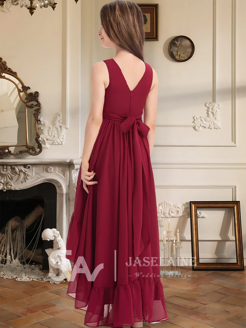 A Junior Bridesmaid Dress V-Neck A-Line Asymmetrical Chiffon Pleated Flower Girl Dress With Sash Back Wedding Party Formal Girls