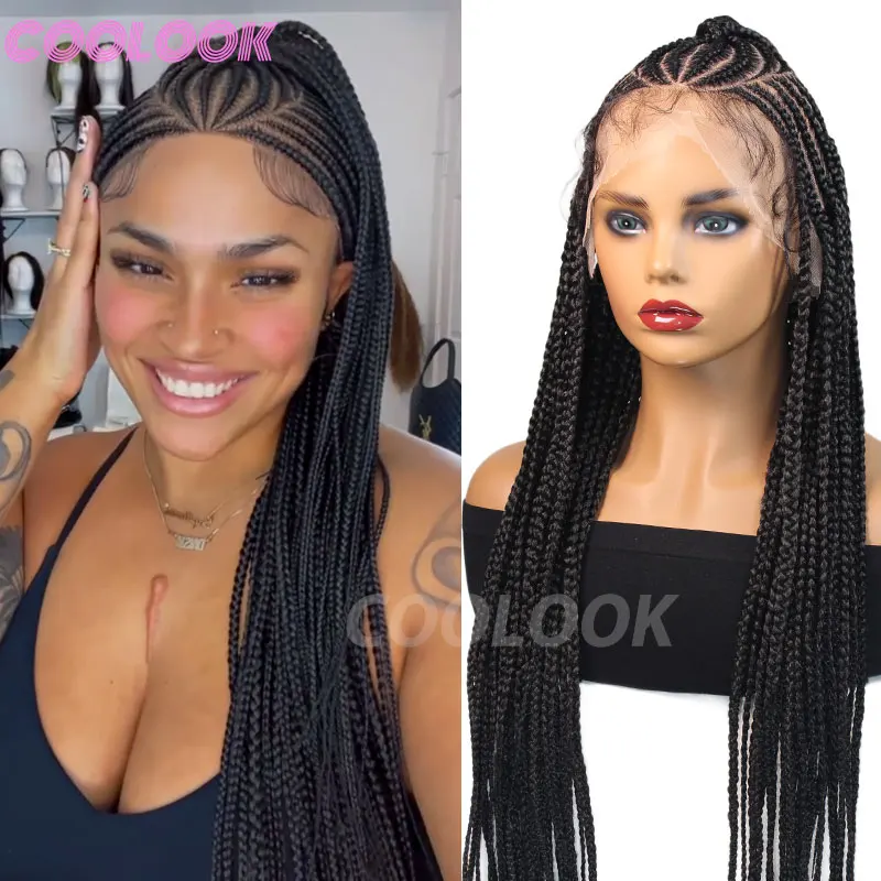 

36-дюймовый Cornrow Braided Wigs Box Braids Wig Синтетический полный парик шнурка для чернокожих женщин Смешанный парик фронта шнурка с плетением волос