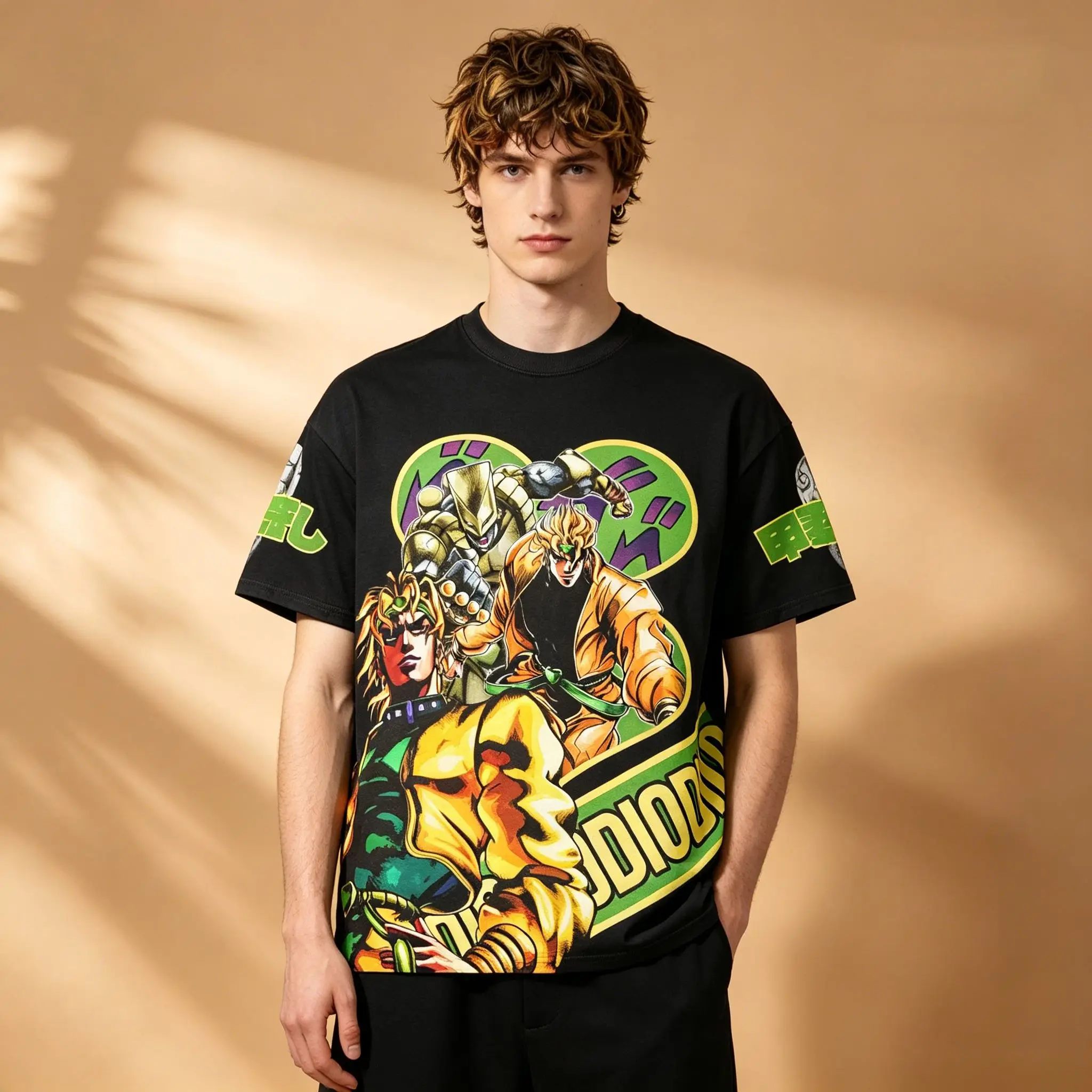 Herren-T-Shirt „JoJo's Bizarre Adventure Dio The World Anime Heart Frame Japanese Text Sleeve Print“ mit Rundhalsausschnitt, Schwarz, Vintage Otaku
