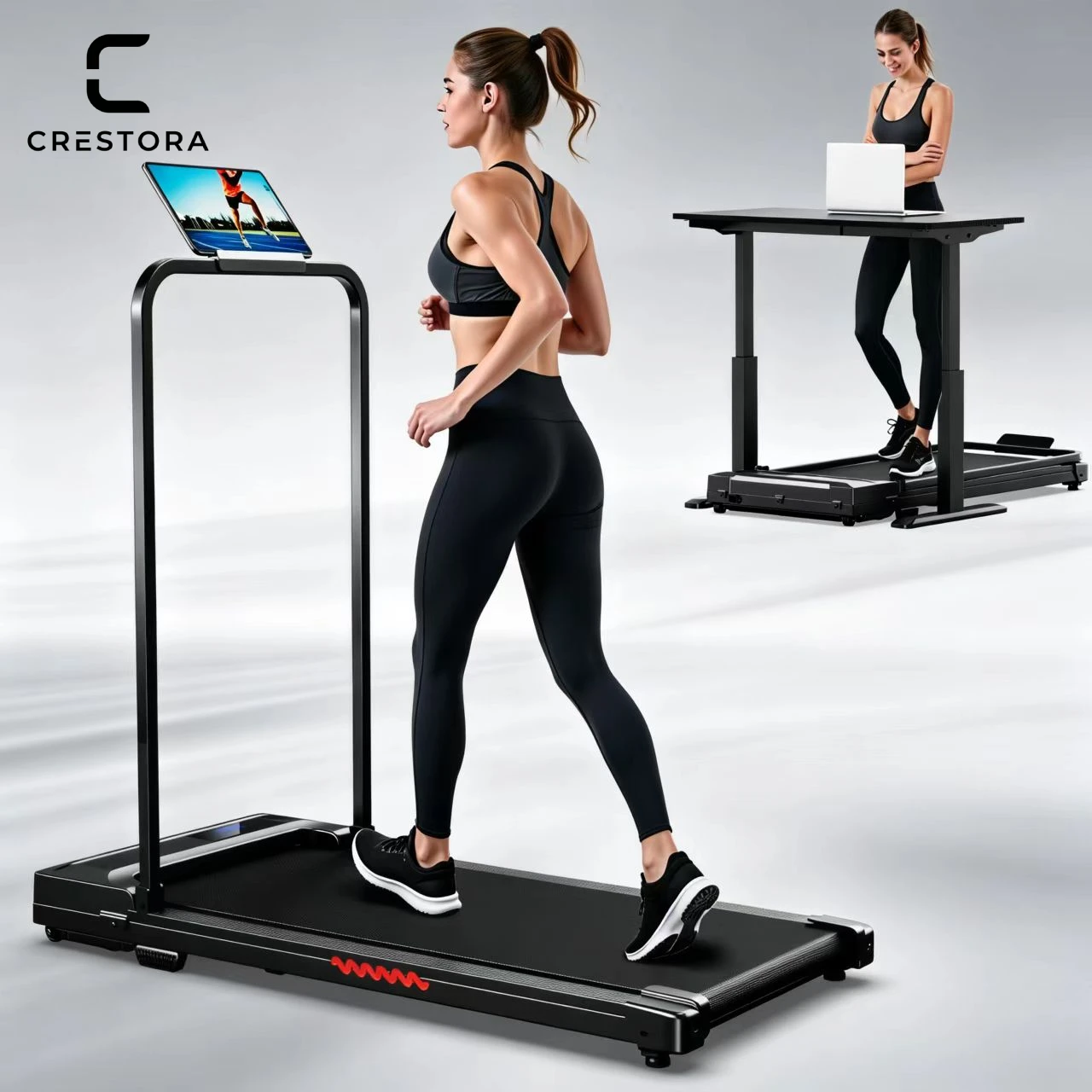 Tapis de marche pliable Crestora 2.0hp 1-6km/H, tapis de course portable avec main courante, machine de jogging sous le bureau, capacité 120kg pour la maison